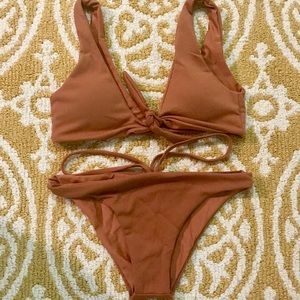 Double Deep Plunge Bow Detail Ribbed Bikini Set